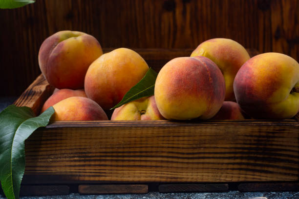 istock Peaches in an old wooden box close-up. 1261327372