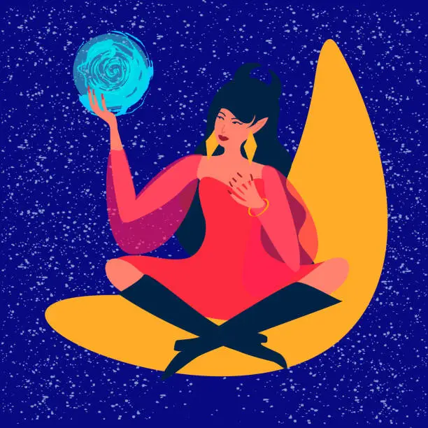 Vector illustration of A young beautiful witch holds a crystal ball in her hands, predicts the future. The Oracle sits on the moon. Divination, astrology, mysticism, predictions.