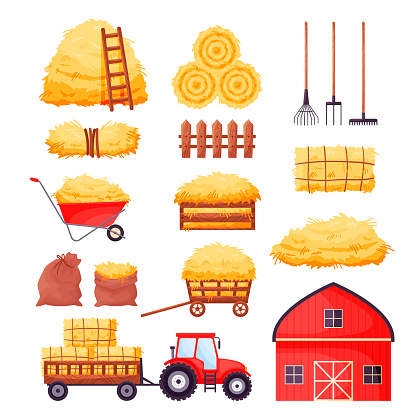 Bale of hay set. Farm barn, tractor, fence, pitchfork, rake, wheelbarrow isolated on white background. Flat dried haystack in wagon and sack, hayloft - cartoon vector illustration.