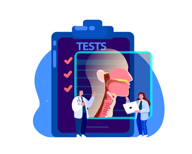 ilustrações, clipart, desenhos animados e ícones de otorrinolaringologistas examina inflamação de angina.testes,análise, nariz,garganta.tonsilis, laringe, sinusite.estudo. investigação clínica.medical council diagnostic.vector illustration - tonsillite