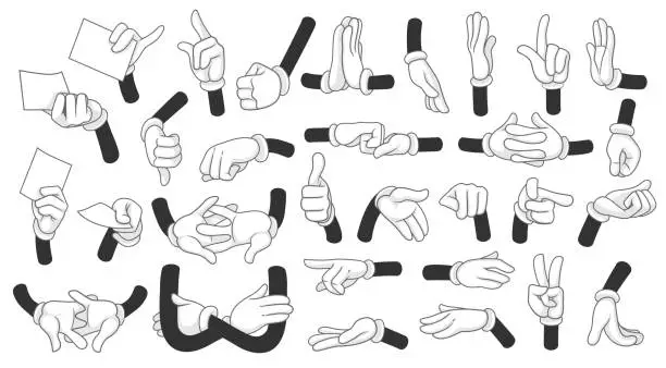 Vector illustration of Cartoon gloved hands showing different symbols vector illustration objects set isolated on a white background