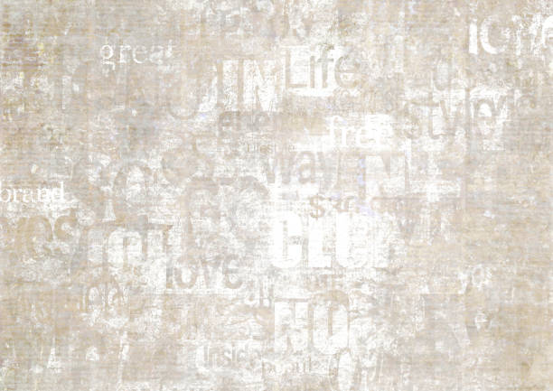 Old newspaper paper grunge with letters, words texture background. Blurred vintage newspapers textured backdrop. Blur unreadable aged news lettering horizontal page. Sepia gray beige art collage.