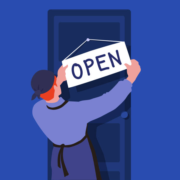 ilustrações de stock, clip art, desenhos animados e ícones de an employee of a store or restaurant hangs a sign open. opening, reopening stores, shops, businesses. a retail worker, a waiter holds a signboard. - business owner