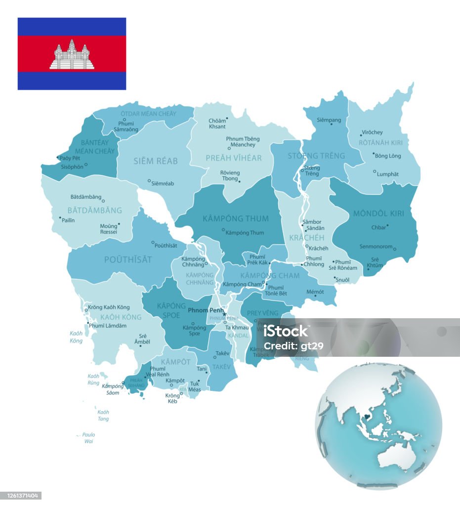 Bản Đồ Màu Xanh Lam Hành Chính Campuchia Với Cờ Quốc Gia Và Vị Trí ...