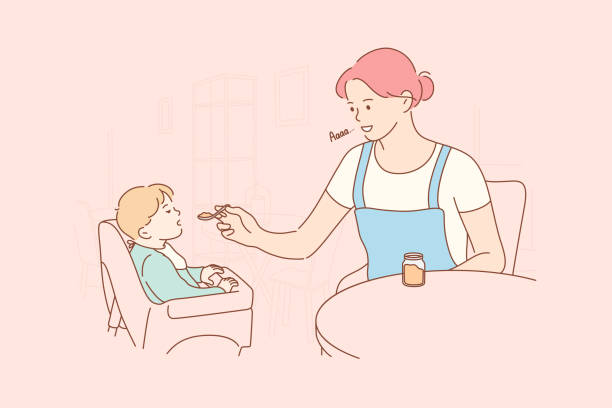 ilustrações, clipart, desenhos animados e ícones de maternidade, infância, comida, conceito familiar - cereais de pequeno almoço