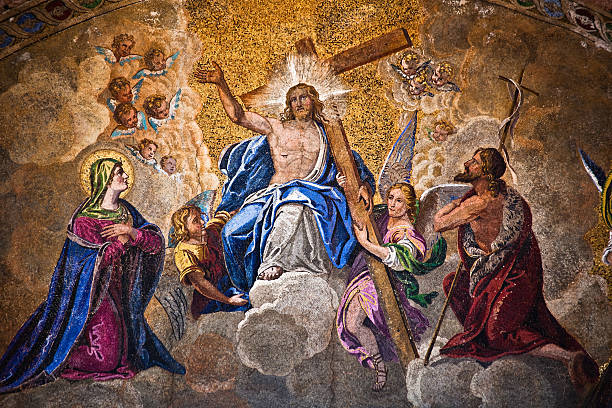 Jusus Christ Mosaic in Italy Ancient Mosaic of Jesus Christ found in the Basilica of San Marco in Venice, Italy. The focus is selective because the mosaic is build on a curved wall. jusus stock pictures, royalty-free photos & images