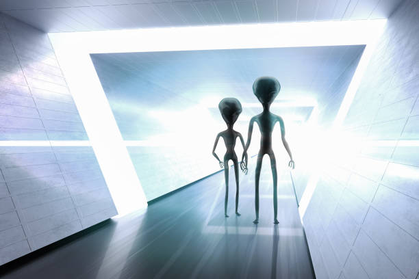 Silhouettes of spooky aliens and bright light in background. 3D rendered illustration. Silhouettes of spooky aliens and bright light in background. 3D rendered illustration. grey alien stock pictures, royalty-free photos & images