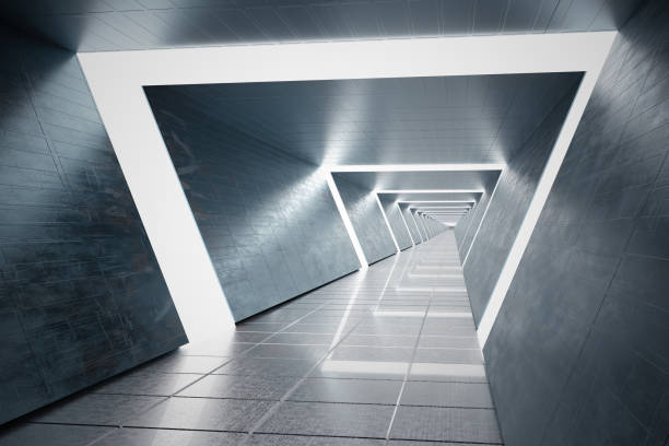 istock Futuristic long corridor in spaceship. 3D rendered illustration. 1261400836