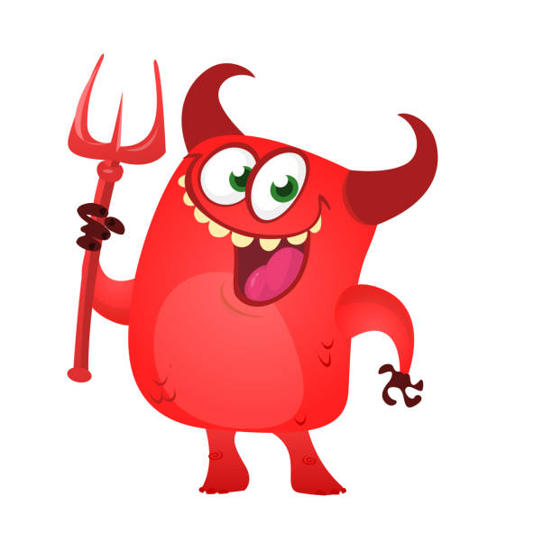 Cartoon funny devil laughing and holding a trident. Vector illustration for Halloween. Cartoon funny devil laughing and holding a trident. Vector illustration for Halloween cartoon of the devils pitch fork stock illustrations
