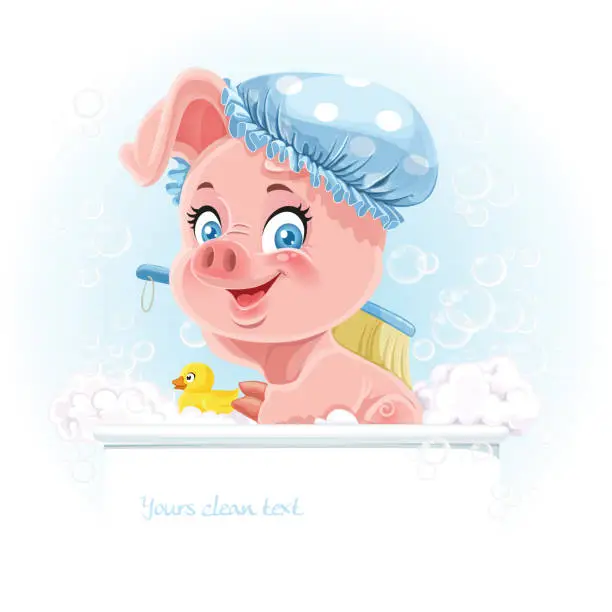 Vector illustration of Pretty pink little piggy taking a bath and hold banner for text