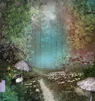 Magic foothpath with mushrooms in the enchanted misty forest - 3D render