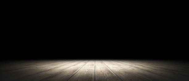 istock Empty stand up scene with wooden floor and spot lights.. Empty room studio gradient used for background and display your product. 3d illustration 1261410507