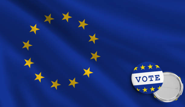 istock Europe election vote button on a stars and blue flag 1261416513