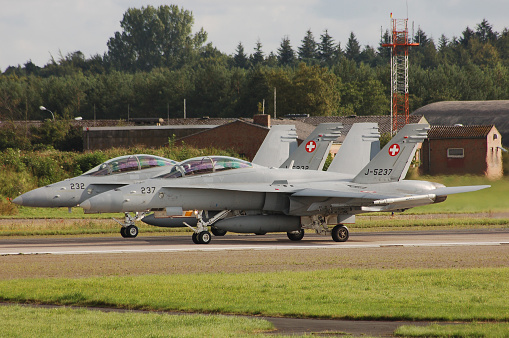 Wittmundhafen, lower saxony, Germany : Two FA 18 Hornet on the runway during a life fire exercise over the north sea.