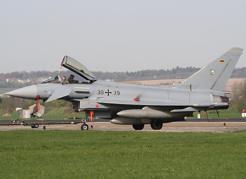 Royal Norwegian Air Force F16 fighter jet plane on final approach at Leeuwarden air base. The Netherlands - April 20, 2012