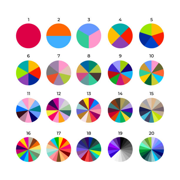 Set of segmented circles. Various number of sectors divide the circle on equal parts. Colored outline graphics. Vector illustration. Isolated on black background. Set of segmented circles. Various number of sectors divide the circle on equal parts. Colored outline graphics. Vector illustration. Isolated on black background. unesco organised group stock illustrations