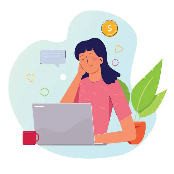 Vector illustration of Frustrated stressed paying high bills online on laptop with credit card and money coin.