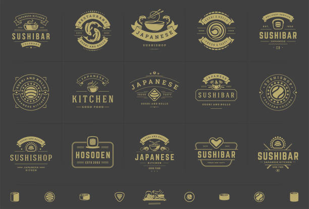 ilustraciones, imágenes clip art, dibujos animados e iconos de stock de logotipos de restaurantes de sushi e insignias establecen comida japonesa con rollos de salmón de sushi siluetas ilustración vectorial - logotipo ilustraciones