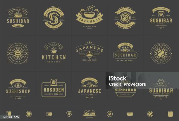 寿司屋のロゴとバッジは寿司サーモンロールシルエットベクトルイラストで日本料理を設定します - ロゴマークのベクターアート素材や画像を多数ご用意 - ロゴマーク, バッジ, ベクター画像