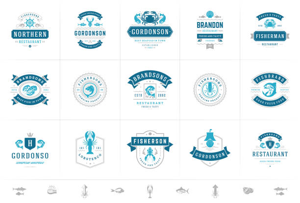Seafood logos or signs set vector illustration fish market and restaurant emblems templates design Seafood logos or signs set vector illustration fish market and restaurant emblems templates design, salmon and tuna silhouettes. Vintage typography badges design. badge stock illustrations