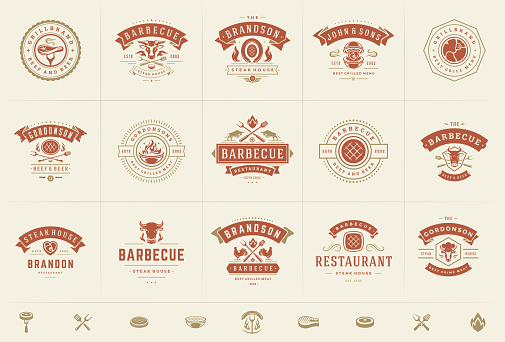 Grill and barbecue logos set vector illustration steak house or restaurant menu badges with bbq food silhouettes. Modern vintage typography labels and emblems design.