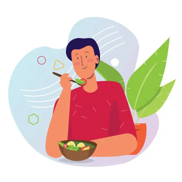 Vector illustration of Man eat salad bowl of lettuce green vegan organic fresh healthy food. Meal breakfast vegetables