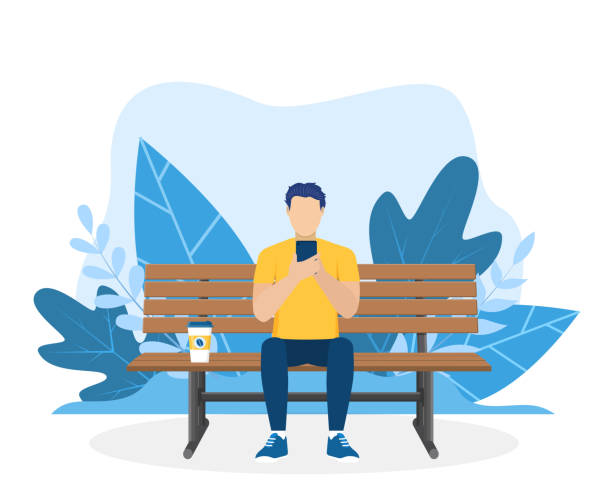 man using phone sitting in nature man using phone sitting on the bench in nature with crossed legs. Freelance or studying concept. web page design template for online education, training. Vector illustration in flat style sitting on bench stock illustrations