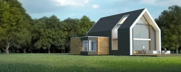 3D rendering of a bright modern house in a natural landscape