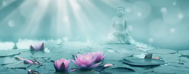 Photo of buddha statue surrounded by water lilies in sunshine, tranquility in nature, wellness concept