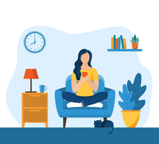 Vector illustration of Young girls using phone, sitting legs crossed