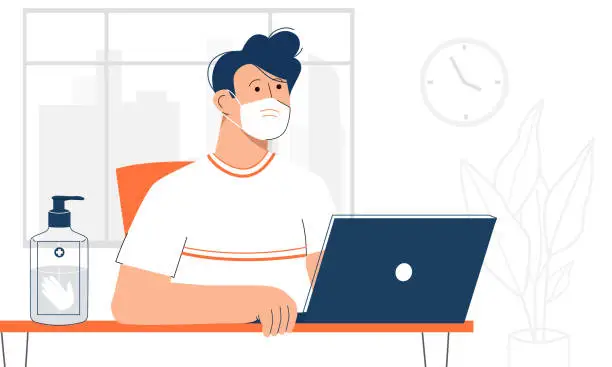 Vector illustration of Male office worker looking at his laptop, wearing face mask and having hand sanitizer at workplace. Back to office after quarantine lockdown. New normal rules of prevention the second wave of pandemic