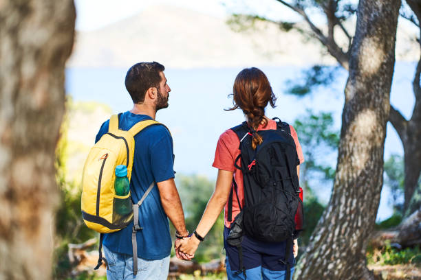 istock Couple looking at a scenic view while out hiking together 1261467974
