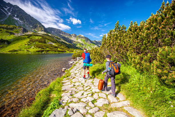 Father and son are walking in the mountains. Dolina Pięciu Stawów Polskich.