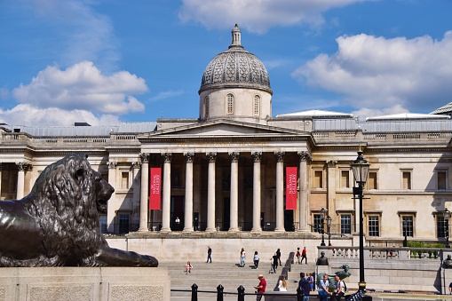 London, United Kingdom - July 12 2020: The National Gallery exterior, Trafalgar Square, daytime view
