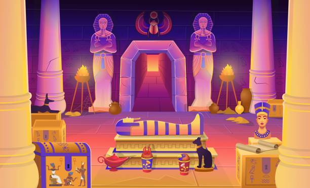Egypt pharaoh tomb with a sarcophagus, chests, statues of the pharaoh with the ankh, a cat figurine, dog, Nefertiti, columns and a lamp. Vector cartoon illustration for games. Egypt pharaoh tomb with a sarcophagus, chests, statues of the pharaoh with the ankh, a cat figurine, dog, Nefertiti, columns and a lamp. Vector cartoon illustration for games. egyptian palace stock illustrations