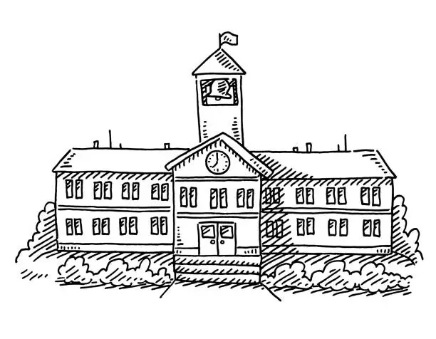 Vector illustration of Cartoon School Building Drawing