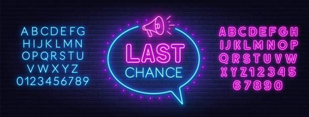 Last chance neon sign on brick wall background. Last chance neon sign on brick wall background. Blue and pink neon alphabets. megaphone borders stock illustrations