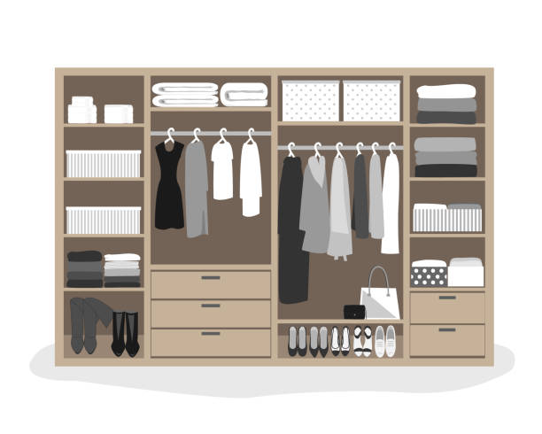 Wardrobe storage system in a modern style. Dressing room interior element, flat vector illustration Wardrobe storage system in a modern style. Dressing room interior element, flat vector illustration. Closet with woman closing cloakroom stock illustrations