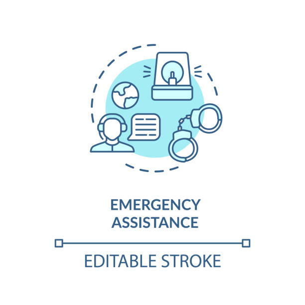 Emergency assistance concept icon Emergency assistance concept icon. Foreign country citizens helpline. Call center representative idea thin line illustration. Vector isolated outline RGB color drawing. Editable stroke 999 call center stock illustrations