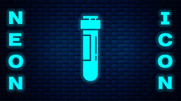 istock Glowing neon Test tube or flask with blood icon isolated on brick wall background. Laboratory, chemical, scientific glassware sign. Vector Illustration 1261509803