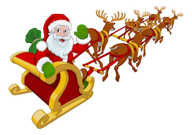 weihnachtsmann fliegen weihnachtsschlitten und reinde - schlitten tierantrieb stock-grafiken, -clipart, -cartoons und -symbole