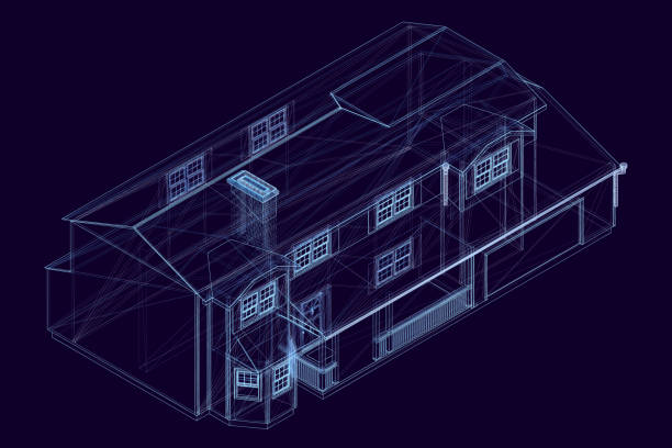 istock House wireframe made of blue lines on a dark background. Isometric view. The plan of a one-story house. Vector illustration 1261520952