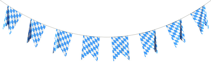 Garland of bavarian party flags buntings of checkered blue flag with blue-white checkered pattern, traditional Bavaria Beer Fest festival decorations isolated on white background, 3D illustration