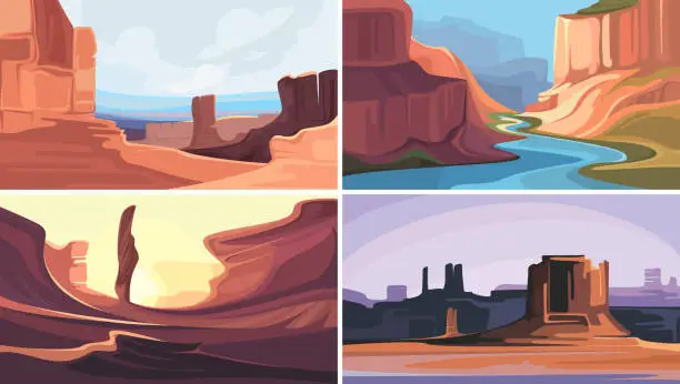 Vector illustration of Collection of canyons with red mountains.