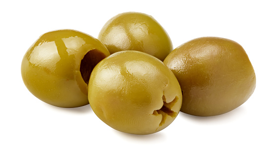 Green olive isolated. Olives collection on white background. Top view green olive with clipping path. Full depth of field.