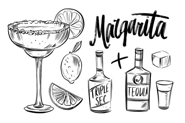 Cocktail margarita ingredients. Black outline on transparent background Cocktail margarita ingredients. Black outline on transparent background margarita stock illustrations