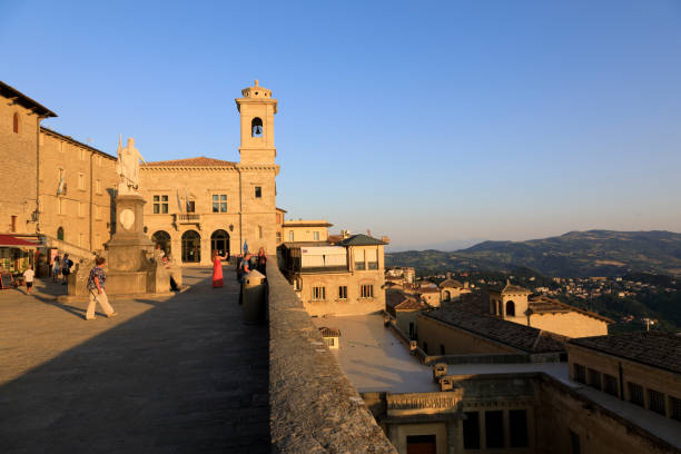 San Marino, San Marino Republic, July 1 2019: Freedom Square in San Marino with the Parva Domus church