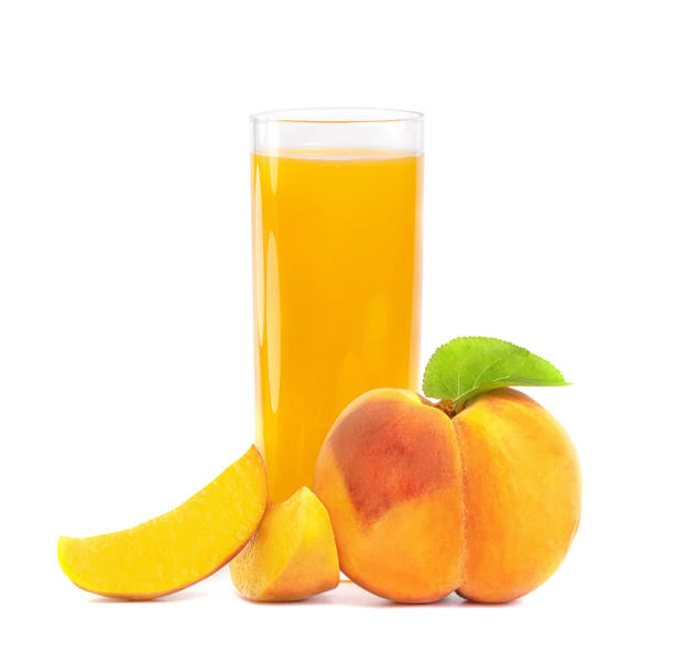 a glass of freshly squeezed peach juice and peach on a white background - peach juice imagens e fotografias de stock