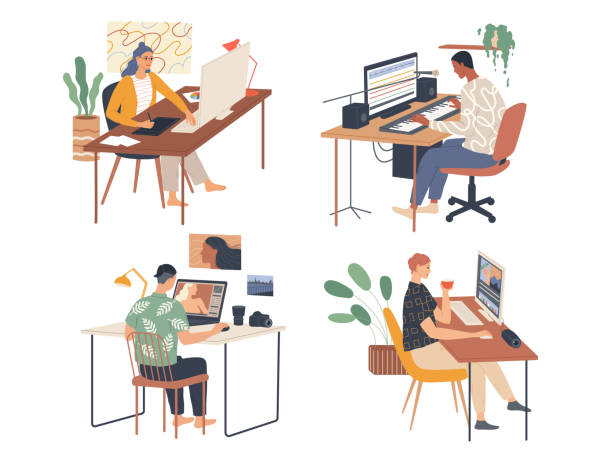 Creative people working in their workplaces passionate about work Creative people working in their workplaces passionate about work. editor photos stock illustrations