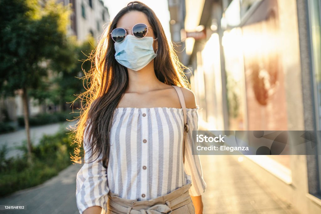Portrait of young woman on the street wearing face protective mask to prevent Coronavirus and anti-smog Protective Face Mask Stock Photo